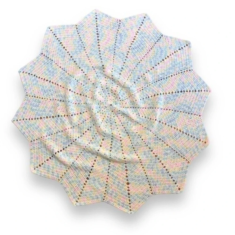 Handmade Crochet Star Shaped Baby Blanket 12 Point Blue Yellow Pink White Pastel